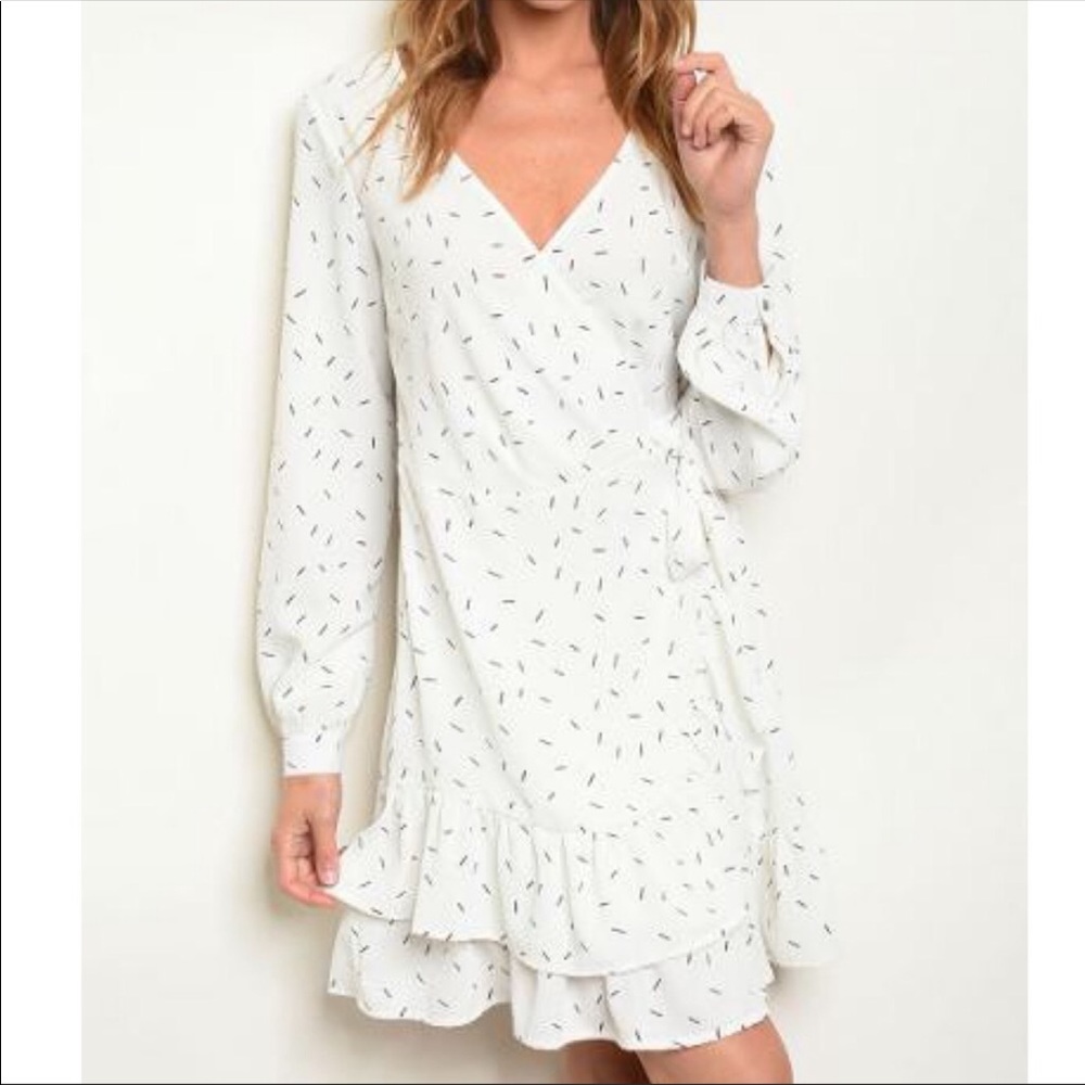 Ivory print Long Sleeve Ruffle Dress